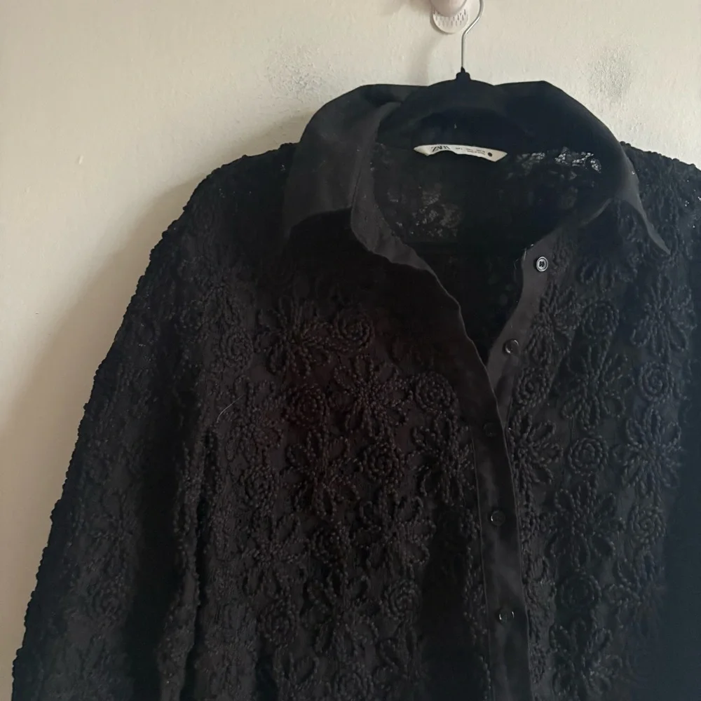Zara Sz L Black Lace 3 D Semi Sheer Button Front Elegant Blouse - Picture 6 of 9